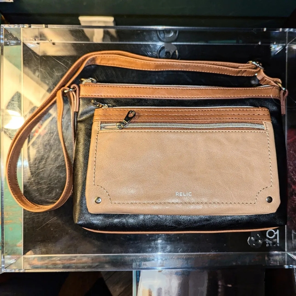 Relic Two-Tone Black and Tan Shoulder Bag